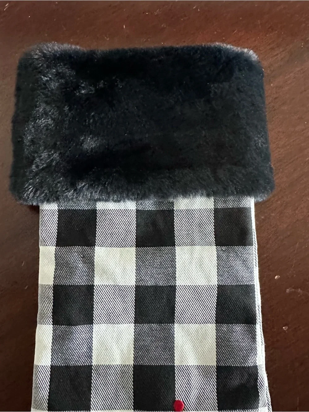 Wendy Bellissimo Holiday Christmas Stocking Red Snowflakes Black White checkered